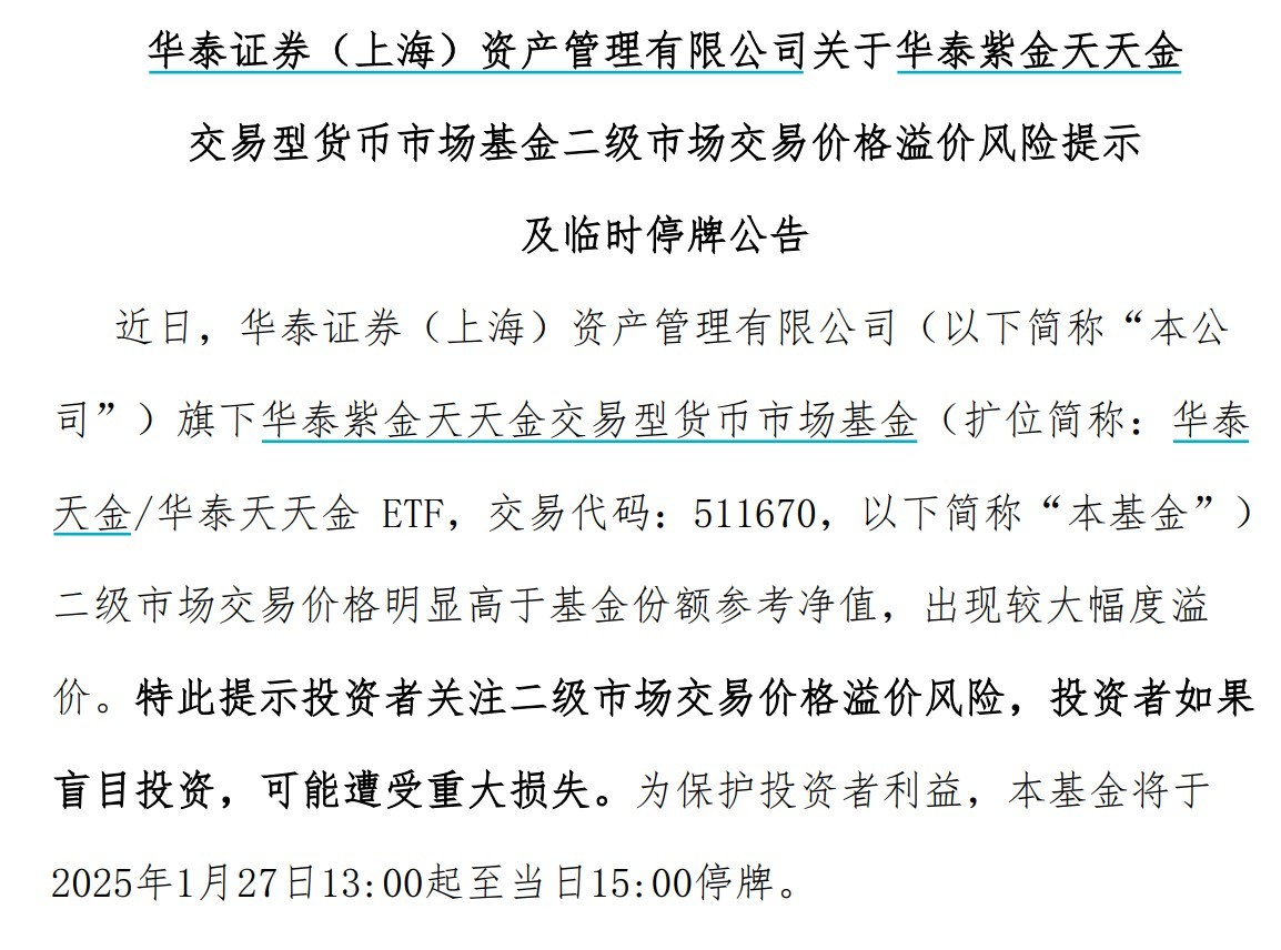出現(xiàn)較大幅度溢價，9只貨幣型ETF午后集體停牌