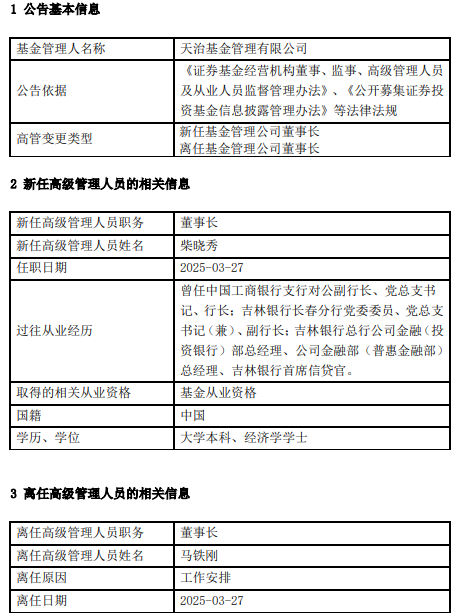 天治基金高管變更：馬鐵剛離任 新任柴曉秀為董事長(zhǎng)