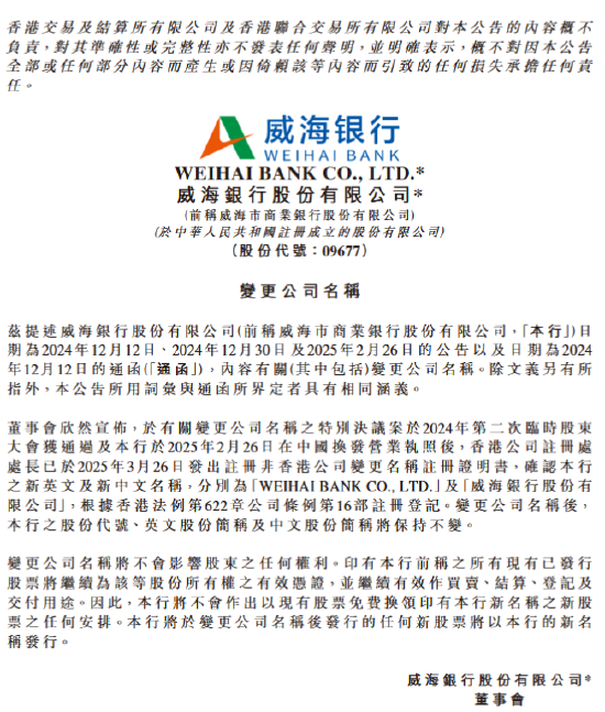 威海銀行更名為“威海銀行股份有限公司”