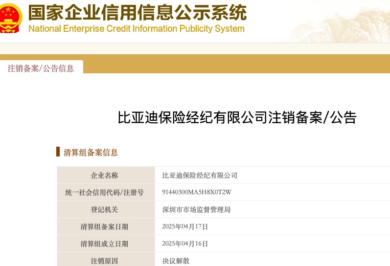 比亞迪保險經(jīng)紀公司注銷 相關人士回應：對保險業(yè)務不造成影響
