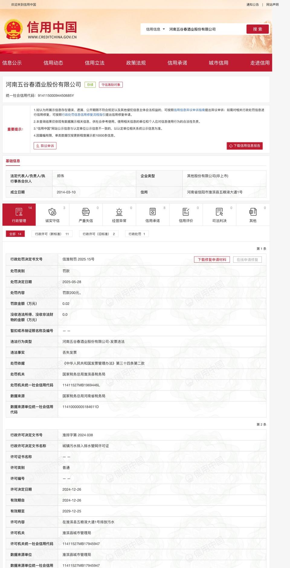 河南五谷春酒業(yè)因發(fā)票丟失被行政處罰