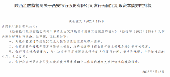 西安銀行獲批發(fā)行不超過70億元人民幣的無固定期限資本債券