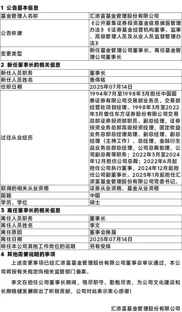 匯添富基金，董事長變更！